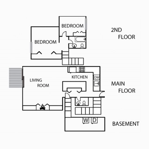 Floor plan for 2 beds, 1.5 baths, 975 sqft